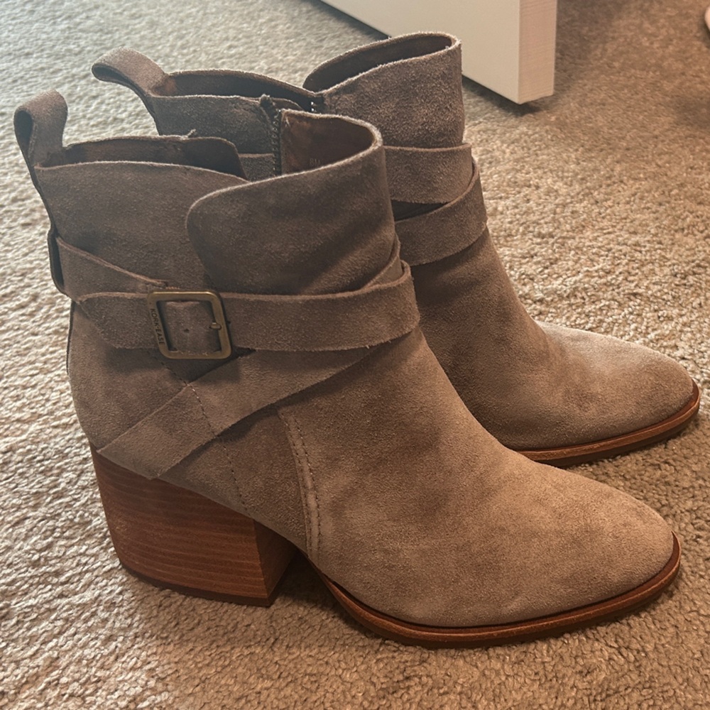 Kork-Ease Taupe Suede Ankle Boots with Strap Detail